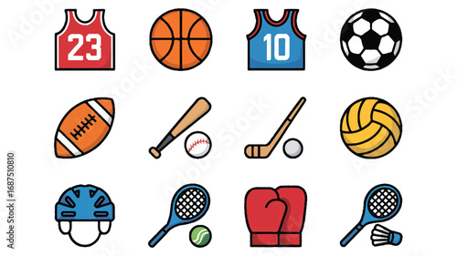 Collection of Diverse Sports Equipment Featuring Balls Jerseys and Protective Gear in Vector Format