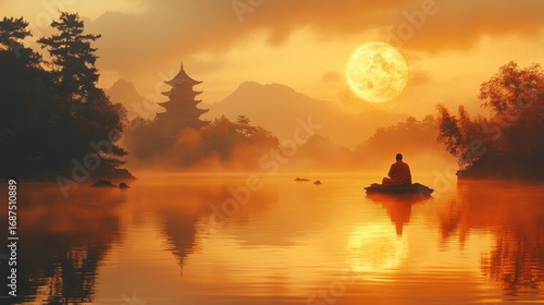 A serene scene of a meditating figure on a lake, with a pagoda and full moon.