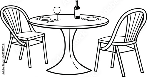 Black and white illustration of a round table with wine bottle glass plates and silverware with two chairs in a dining setting