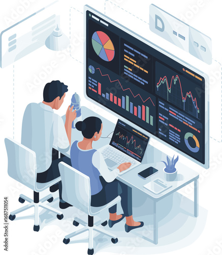 People Characters Working with Data Visualization at Laptop. Man and Woman Analyzing Tables,Charts and Graphs at Business Dashboard. Digital Data Analysis Concept. Flat Isometric Vector Illustration o