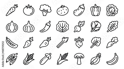 Collection of outline vegetable icons symbolizing healthy eating and farm fresh produce choices with nutritional benefits and dietary fiber