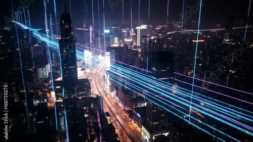 Wallpaper Mural Futuristic Nightscape of City with Flowing Light Trails and Digital Data Streams Torontodigital.ca