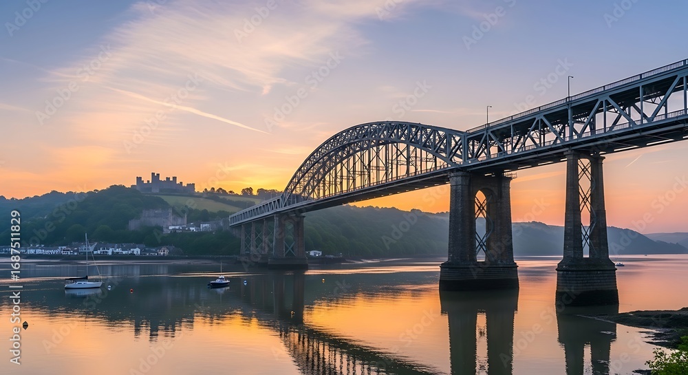 Fototapeta premium Sunrise Bridge River Castle Panorama.