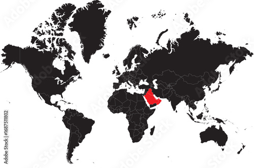 Gulf Cooperation Council GCC Countries Highlighted on World Map Silhouette Editable High Detail