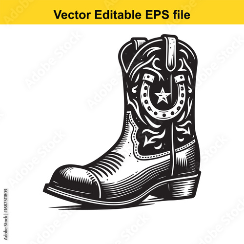  western cowboy boot with horseshoe and star design, isolated on white background