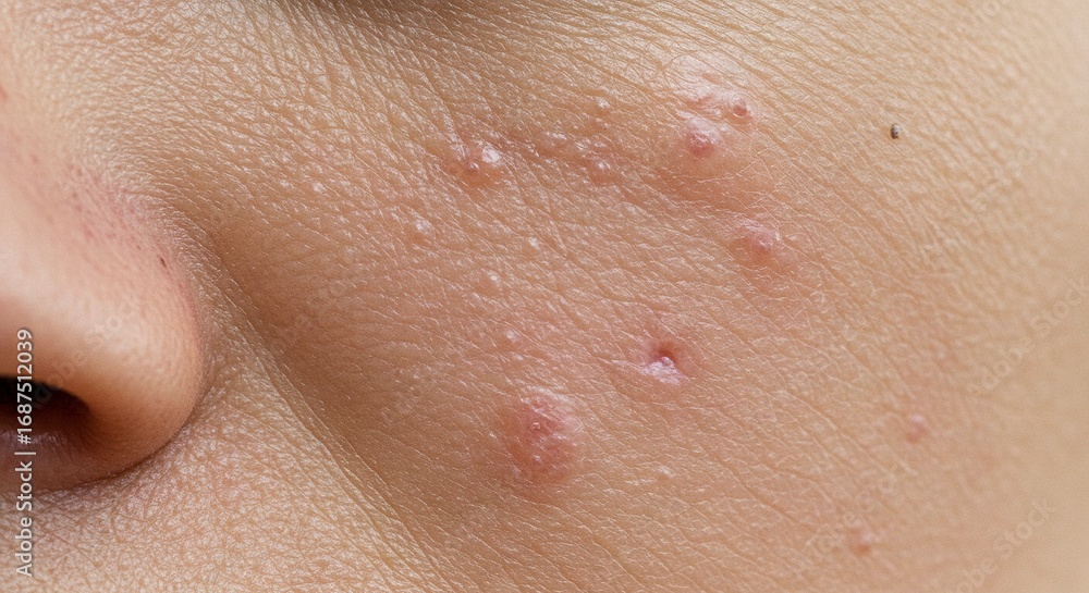 Fototapeta premium Closeup shows skin irritation with tiny bumpsblisters on the cheek near a nose