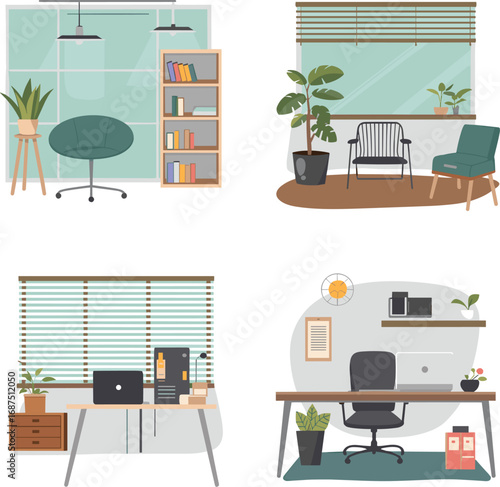 set of Modern Workplace Interior Vector Illustration on white background