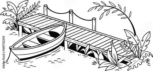 Black and white illustration of a rowboat tied to a wooden dock with tropical foliage and a curved branch overhead