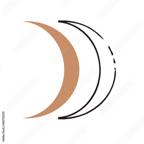 A stylized crescent moon shape, half filled with a warm brown color and the other half outlined in black.