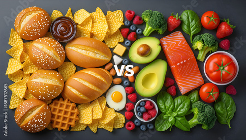 Top down photo of unhealthy and junk food vs healthy food