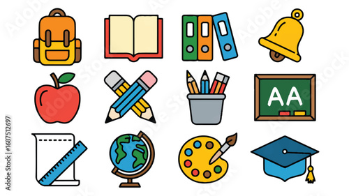 Colorful cartoon style school elements including backpack book apple globe and graduation cap for learning