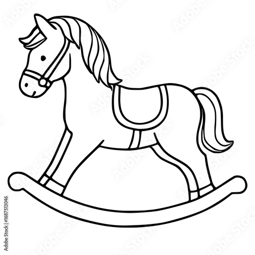 Charming vector illustration of a classic rocking horse, meticulously detailed with a flowing mane and bridle, perfect for childrens books, nursery decor, or playful designs.