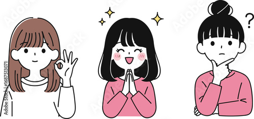 Three girls with different expressions, approval gesture, happy excitement, thoughtful pose, vector art, cartoon style, emotion illustration, reaction concept, character design, mood icons