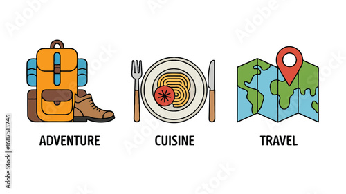 Conceptual illustration featuring adventure cuisine and travel representing different aspects of a global exploration
