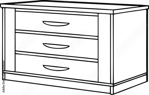 Black and white illustration of a three-drawer chest with curved drawer pulls and a rectangular shape