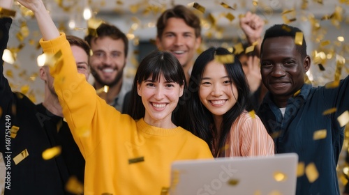 Cheerful diverse adults celebrate an online course completion with confetti, reflecting teamwork and educational achievement in a modern setting.