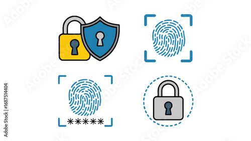 Digital security authentication icons showcasing multiple layers of protection and identification methods like fingerprint and password
