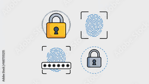 Diverse security methods and measures featuring fingerprint scans passwords and padlocks highlighting cybersecurity best practices and risk management
