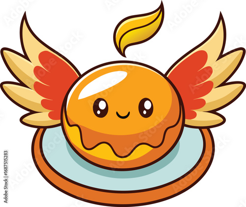 Whimsical cartoon pancake with wings soaring high in a cheerful sky illustration vector