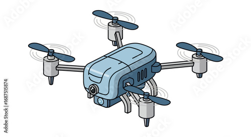 A detailed illustration of a compact, light blue quadcopter drone with a camera.