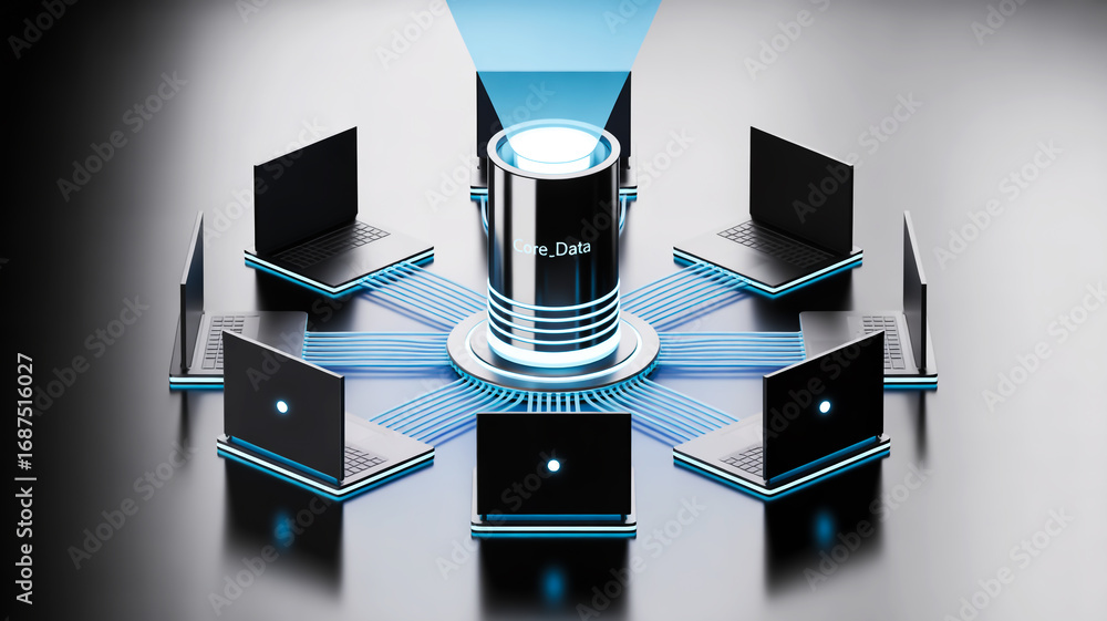 Obraz premium 3D rendered star network, blue central database, six black clients