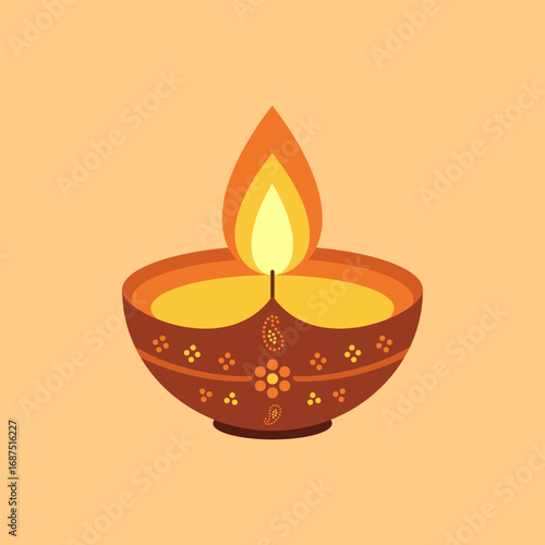Traditional decorative oil lamp, Diwali diya isolated light orange background vector illustration.