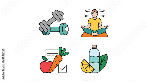 Healthy lifestyle vector icons featuring exercise nutrition and relaxation promoting wellness and balance for a balanced life