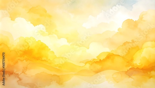 A vibrant watercolor painting of a beautiful sky, adorned with soft, golden and orange clouds, creating a serene and ethereal atmosphere