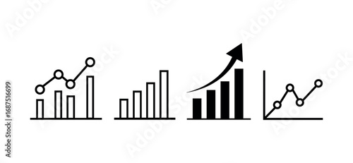 Data analytics and business intelligence icon set. bar charts, line graph, statistical reports, dashboard, and performance metrics. presentation, infographic, website, app. png and vector