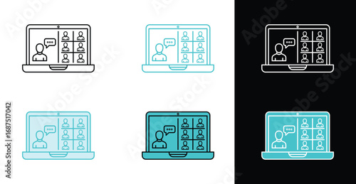 Virtual meeting layout on laptop icons, showing central figure and grid of participants