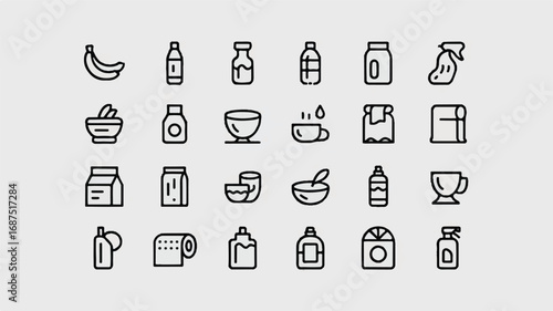 Minimalistic line art depicting household items food cosmetics and hygiene products for digital use and graphic design applications