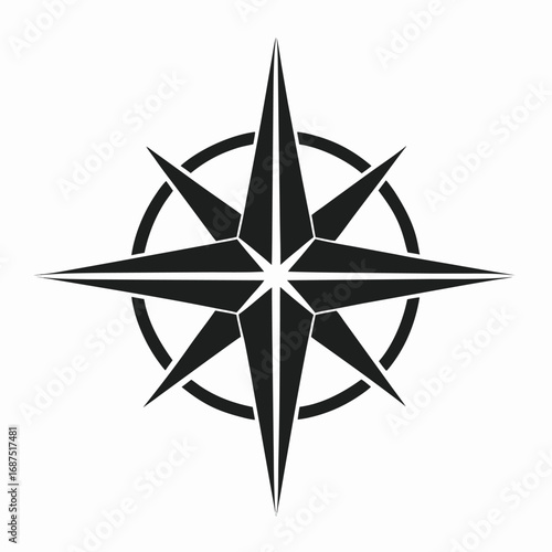 Monochrome Compass Rose with Sharp Points within a Black Circle Symbolizing Navigation Guidance and Direction