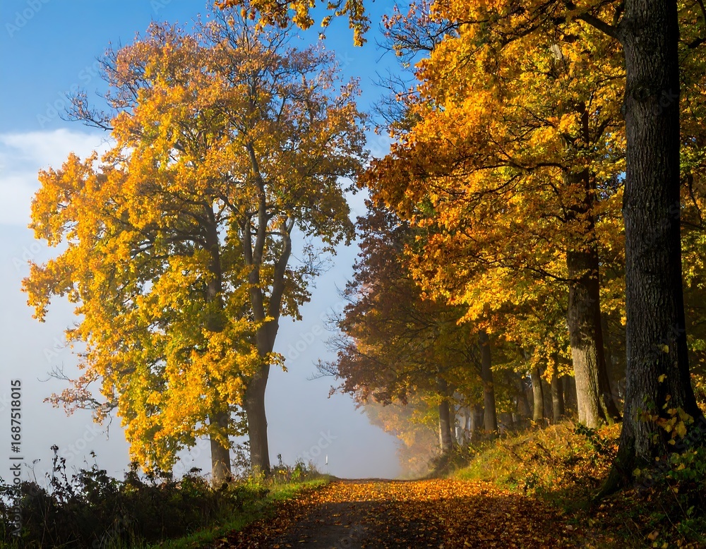 Fototapeta premium Autumnal path through a misty forest