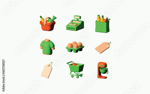 Collection of miniature grocery store items and figures for shopping concept