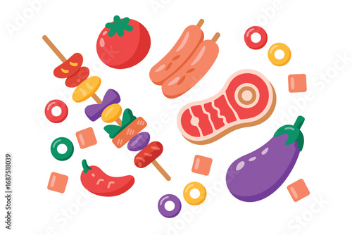 Assortment of barbecue food items and ingredients for grilling