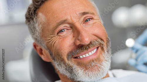 smiling mature man patient relaxed during dental clinic teeth checkup fearless oral care professional treatment dentist appointment hygiene cleaning and medical procedure exam