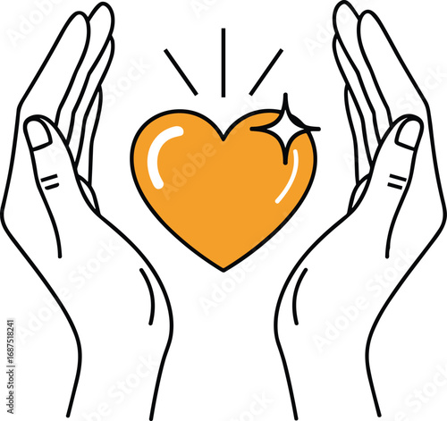 Hands holding heart, love and care symbol, charity support illustration, flat vector design, emotional support concept, health and wellness, kindness protection icon