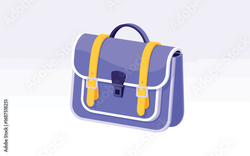 Purple satchel bag with yellow straps and white trim on a light background