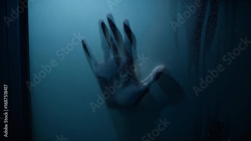 bloody handprint, spooky background, Halloween backdrop with copy space for text. Templates, content, video blogs, editing, movies, advertising