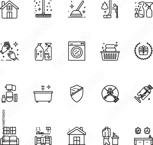 Laundry and home cleaning icon set. Linear and silhouette style.