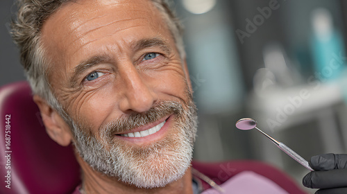 smiling mature man patient relaxed during dental clinic teeth checkup fearless oral care professional treatment dentist appointment hygiene cleaning and medical procedure exam