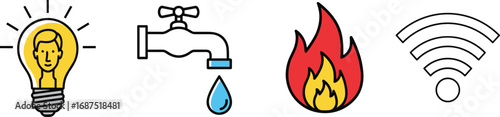 Utility service icons, electricity light bulb, water faucet drop, gas flame, Wi‑Fi signal, essential services illustration, infrastructure and home utilities concept design