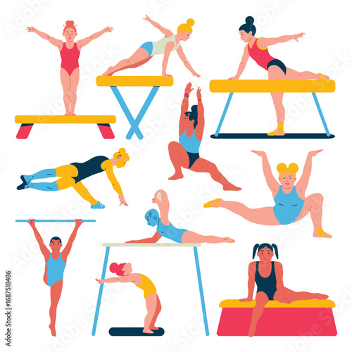 Diverse group of female gymnasts performing various routines on equipment