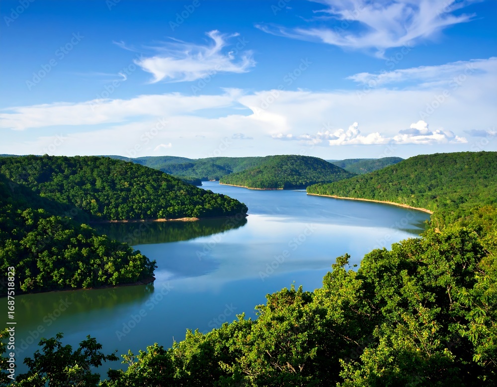 Fototapeta premium Panoramic view of a serene lake nestled within a lush valley