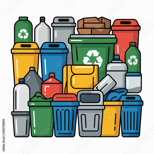 Collection of colorful recycling bins and trash cans for waste management