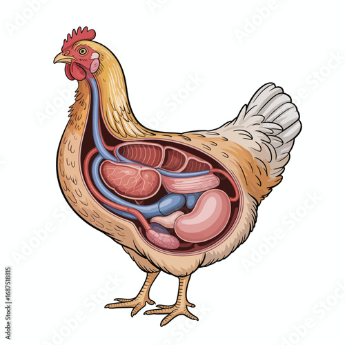 Illustration of chicken anatomy showing internal organs and digestive system