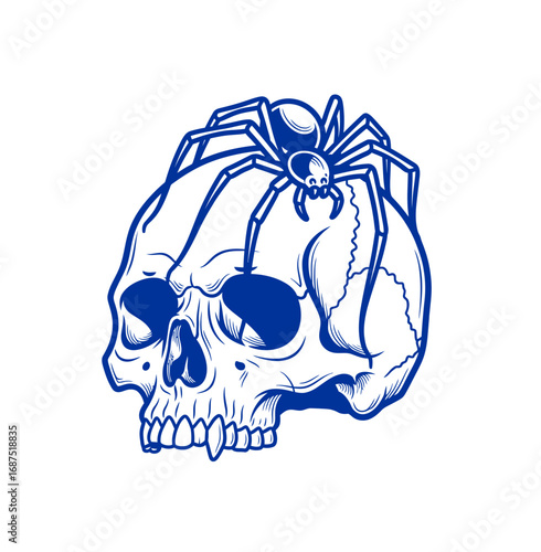 Creepy spider crawls on spooky skull for Halloween or gothic themes
