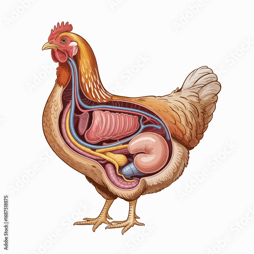 Detailed anatomical illustration of a chicken s internal organs and skeletal structure