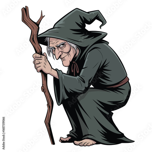 Old witch with pointed hat and wooden staff crouching down