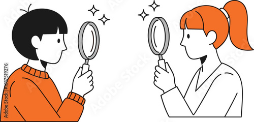 Two people with magnifying glasses, investigation concept, mutual analysis, research idea, vector art, cartoon style, discovery illustration, communication concept, scrutiny symbol, teamwork study